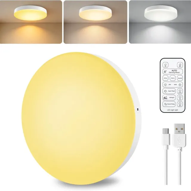 KZQ Oplaadbare plafondlamp met radarbewegingssensor - Draadloze LED-lamp - 10.000 mAh - Met afstandsbediening - 3 kleurtemperaturen - 19,5 x 19,5 x 4,5 cm Wit
