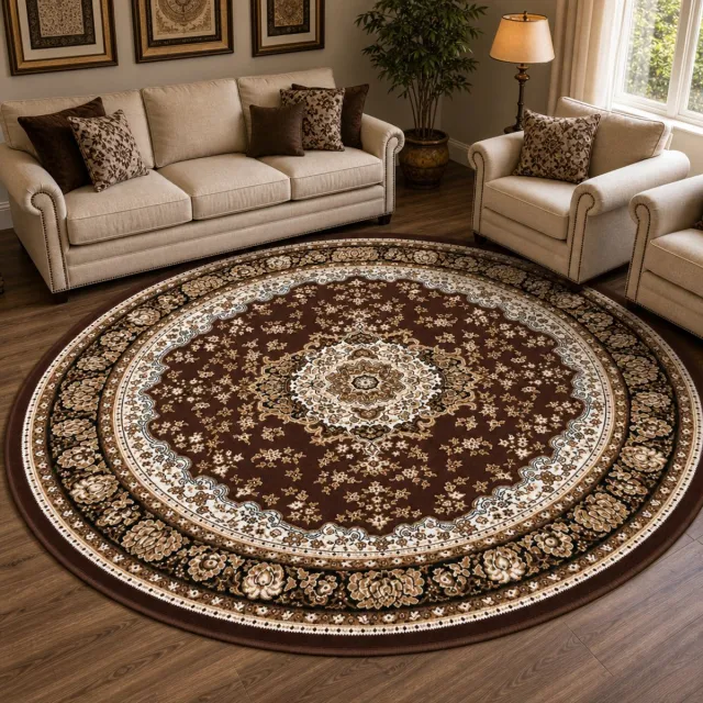 Muratap Nain Klassiek Rond Vintage Oosters Vloerkleed Medaillon Bruin- 200 CM Ø