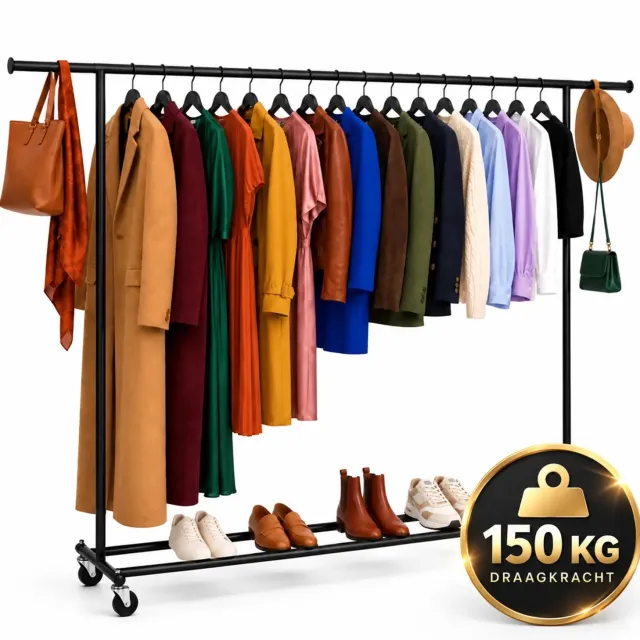 Lumeva XXL Stevig Kledingrek op Wielen – Verrijdbaar Garderoberek Uitschuifbaar 160-200 cm – 150 kg Draagvermogen – Zwart Metaal