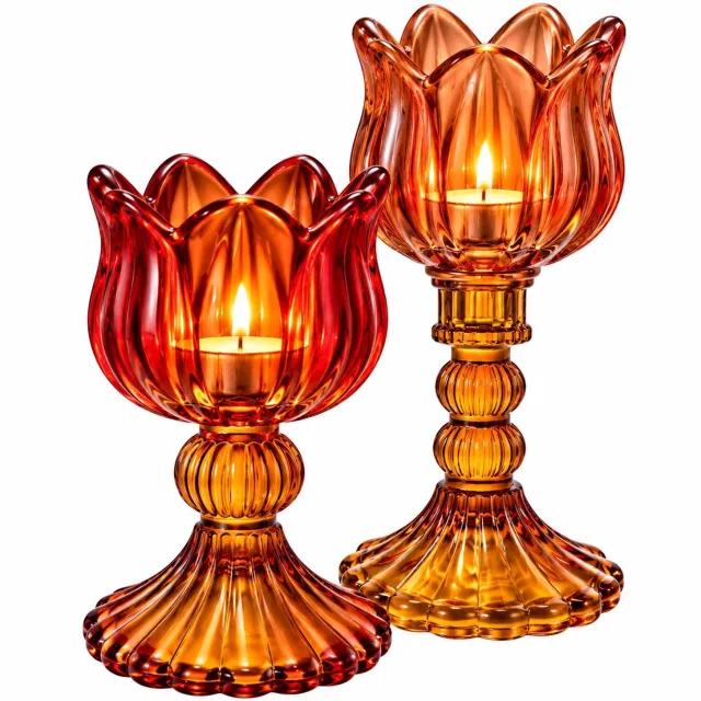 Winq Waxinelichthouder glas in Oranje/ Amber S/2-kandelaar glas