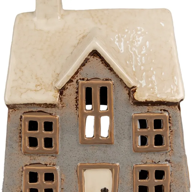 Clayre & Eef Waxinelichthouder Huis 15x10x17 cm Grijs Beige Keramiek