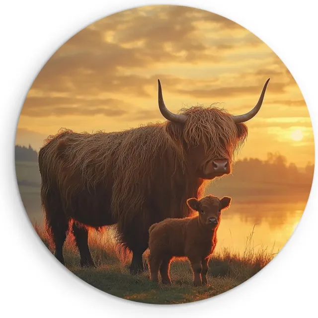 Saammp Muurcirkel Hout - Schotse Hooglander Koe - Kalf - Zonsondergang - Dieren - Natuur - Ø 50 - Wandcirkel - Wanddecoratie Cirkel - muurdecoratie Woonkamer - Slaapkamer decoratie - Rond Schilderij