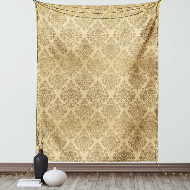 ABAKUHAUS herfstdamastwandtapijt, oosterse motief, woonkamer slaapkamerwanddoek zijdezacht satijn tapijt, 150 x 200 cm, Ecru en kameel