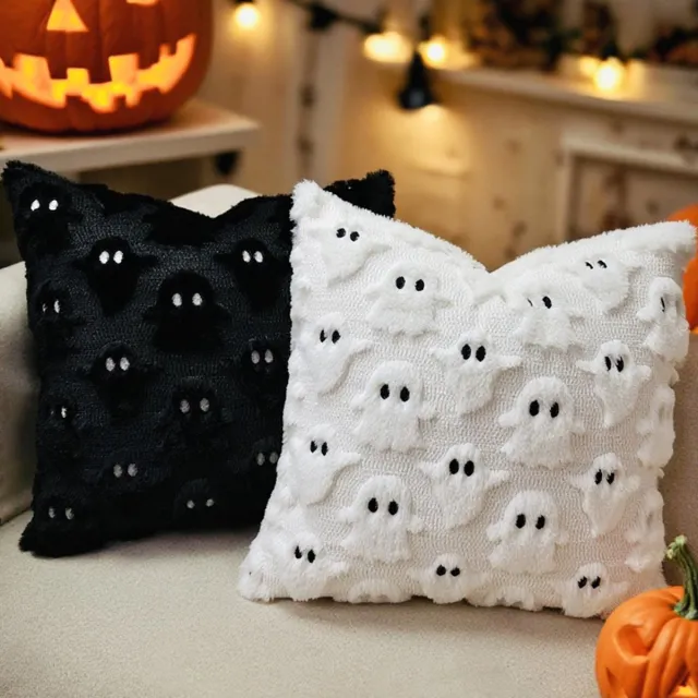 Flintry Halloween - Halloween Decoratie - Halloween Spook Kussenhoes 45x45 - Set van 2 - Spook Kussenhoes - Halloween Decoratie Binnen - Sierkussenhoes - met Rits - voor Bank, Slaapkamer, Auto, Decoratie - Exclusief Kussenvulling Zwart+Wit