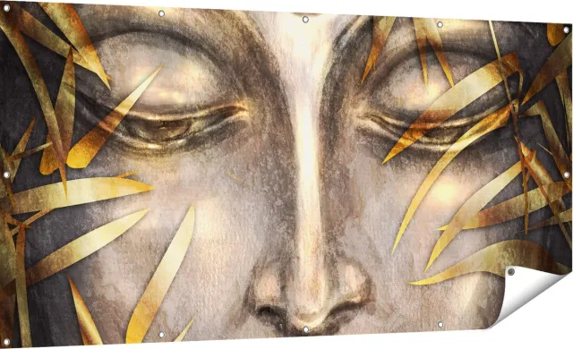 Gards Tuinposter Boeddha Beeld met Gouden Bladeren - 180x90 cm - Tuindoek - Tuindecoratie - Wanddecoratie buiten - Tuinschilderij Multikleur