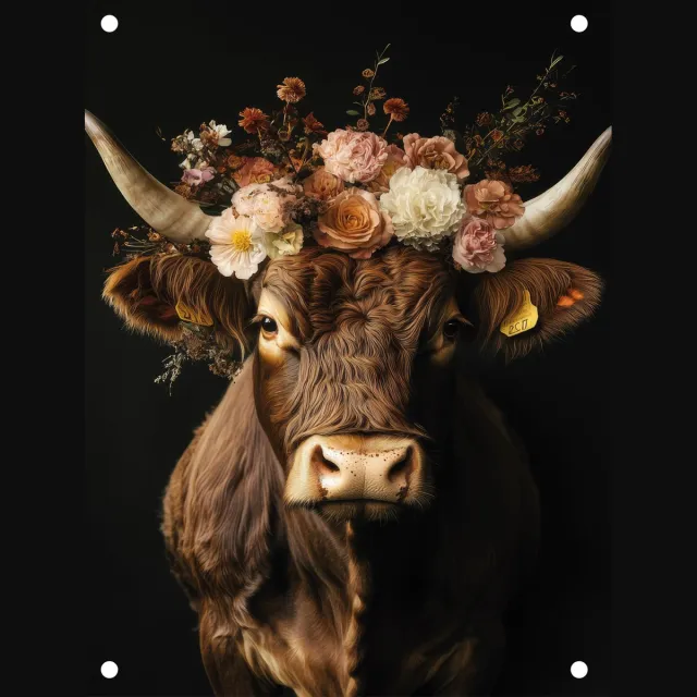 Huisje 18 Tuinposter Hooglander met bloemen multi