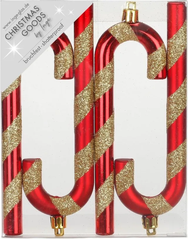 Inge Glas 12x stuks kunststof kersthangers zuurstokken rood 14 cm kerstornamenten - Kunststof ornamenten kerstversiering