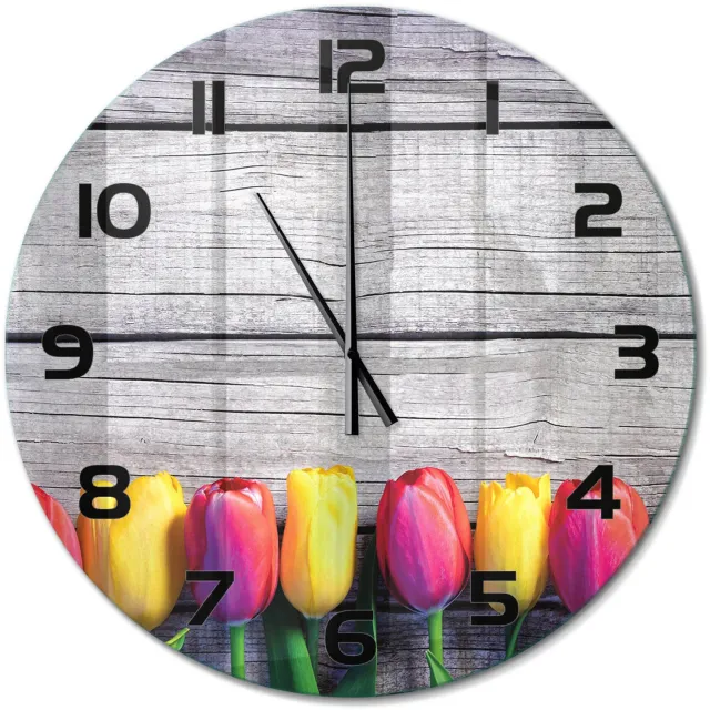 TULUP Wandklok - Tulpen op hout Glazen Klok Met Print - fi60 cm - Veelkleurig Wandklok Glas Met Motief - Zwarte handen - Ronde Klok - Wandklok Glas Decoratie - Gekleurde Glazen Klok