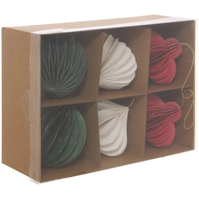 Feeric lights & Christmas Set van 6 kerstboomversieringen van rood, wit en groen papier, 9,5 cm Multicolore