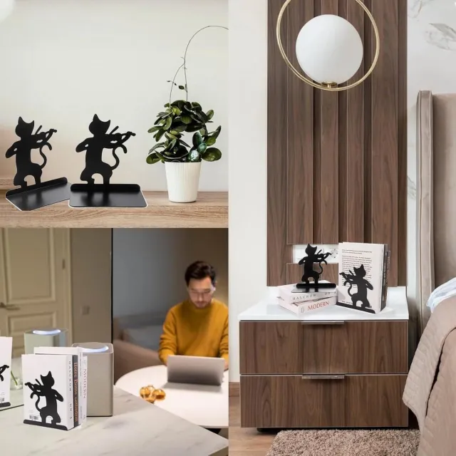 Nevolis Black Cat Bookends Non-Slip Metal Bedroom Library Office School Desktop Organiser Decoration Gift 13.5 x 16 cm . multi color
