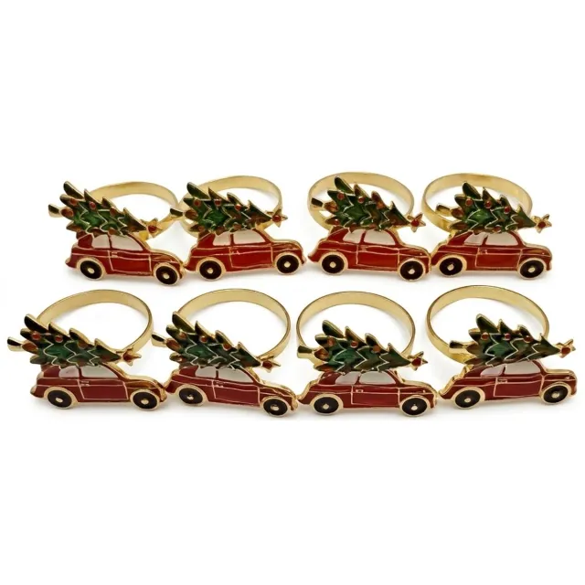 NUVEX Rood groen goudkleurige servetringen set van 8 – metalen servethouder ringen met auto en kerstboom ontwerp – decoratieve servet ringen kerst thema – tafeldecoratie voor kerstdiner feest restaurant en hotel