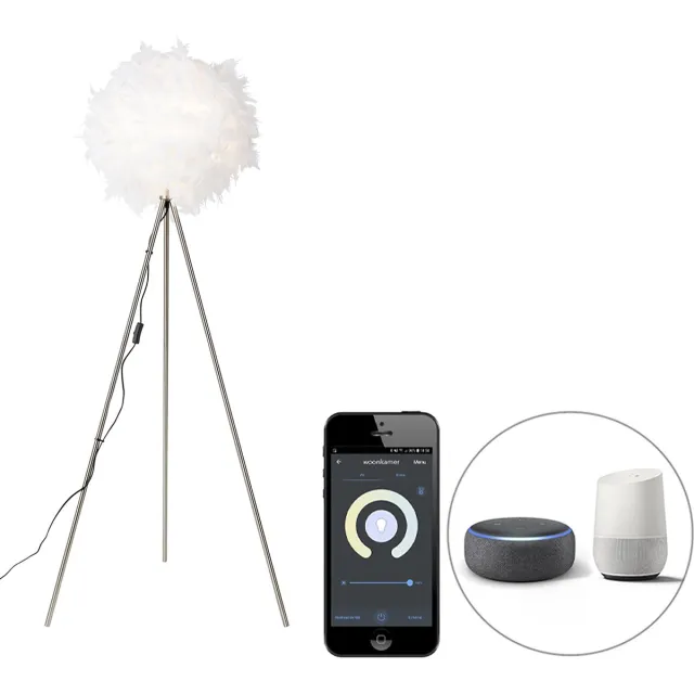 QAZQA feather - Moderne LED Smart Tripod | driepoot vloerlamp | Staande Lamp incl. wifi - 1 lichts - H 155 cm - Wit - Woonkamer | Slaapkamer | Keuken Wit Smart LED