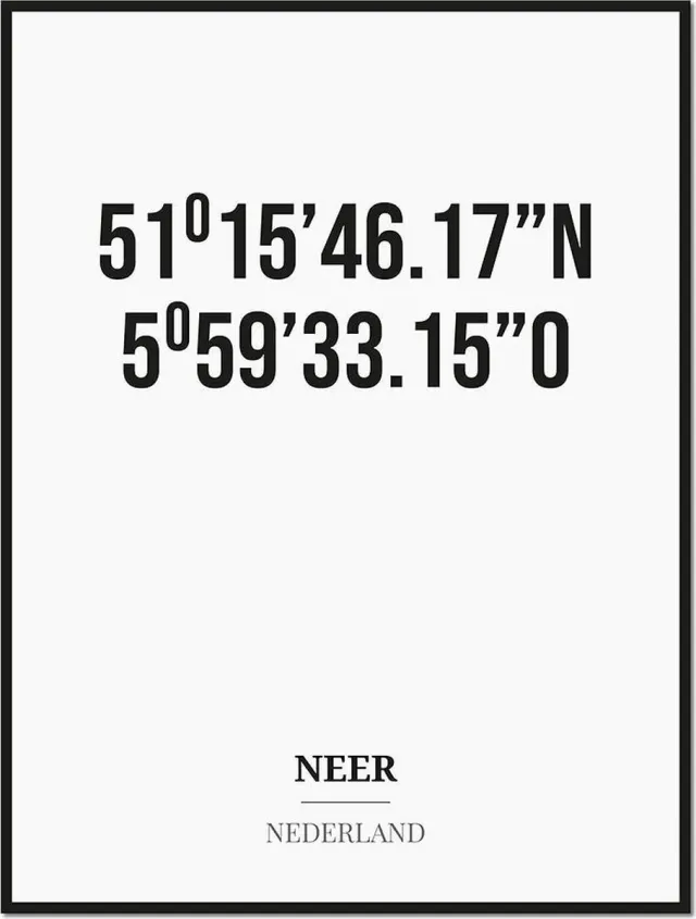 Studio216 Poster/kaart NEER met coördinaten zwart, wit