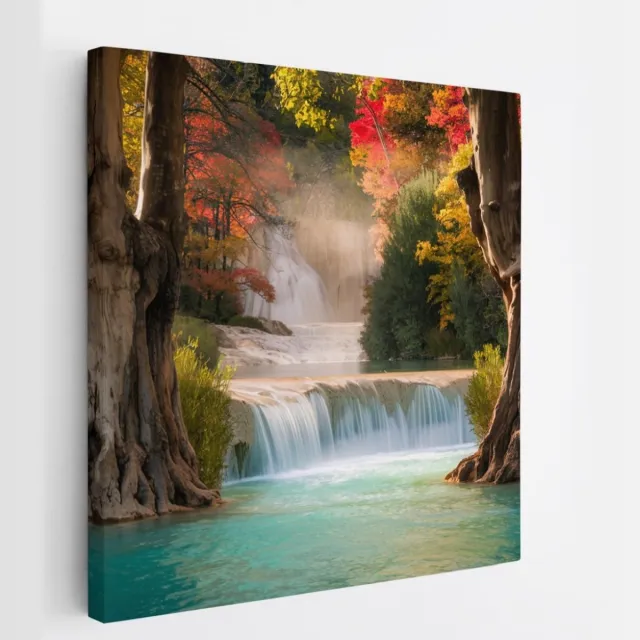 Saammp Canvas Schilderij - Waterval tussen de bomen - Landschap - Natuur - 20x20 - Foto op canvas - Wanddecoratie - Muurdecoratie Woonkamer - Slaapkamer decoratie - Canvas Print Multicolor
