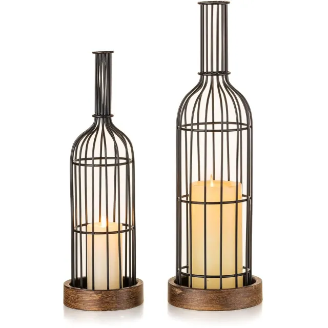 HOOMstyle Vintage lantaarn - decoratie - set van 2 - metaal - 11 cm en 13 cm breed Zwart, Bruin.