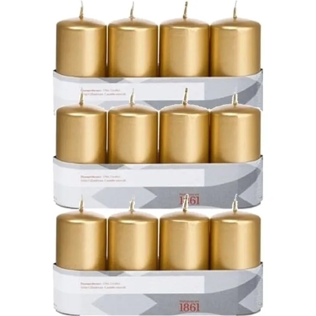Trend Candles Cilinderkaarsen - 12x - goud - 5 x 10 cm - 18 branduren - geurloos - wax - kaarsen Goudkleurig