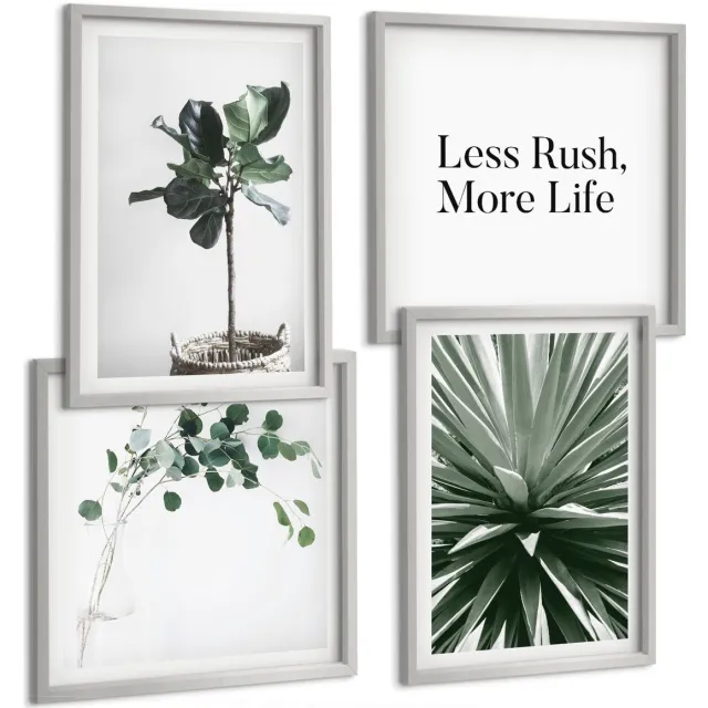 TULUP 4-Delige Schilderij Set - Groene planten in minimalistische stijl met belettering - 40 x 40 cm en 40 x 60 cm - Decoratieve Schilderijen - Woonkamer - Interieur Zilveren lijst