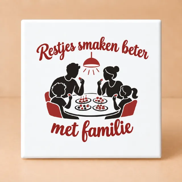 Bedruk King Stijlvolle Tegel "Deze familie draait op restjes en goede moed" – Minimalistisch zwart-wit lijnwerk voor gezinsliefhebbers - 15 x 15 cm