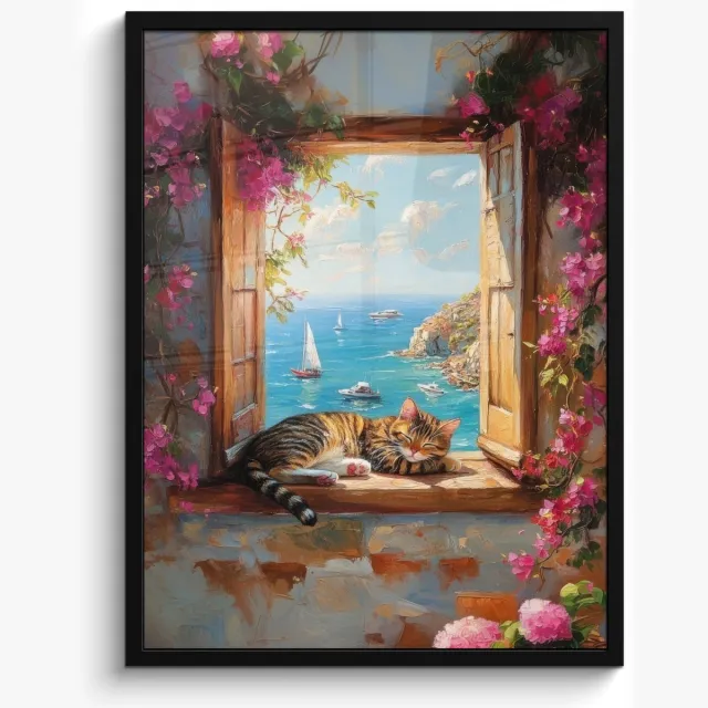 FrameYourWall Poster in lijst - Fotolijst 50x70 cm - Posters - Kat - Blauwe zee - Roze bloemen - Posterlijst zwart - Decoratie - Wanddecoratie woonkamer - Muurdecoratie slaapkamer Kat - Bloemen - Zee