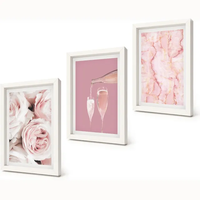 Coloray 3-Delige Schilderij Set - Champagnekleurige rozen en een pastelkleurige marmeren achtergrond - 20x30 - Muurdecoratie - Wanddecoratie - Slaapkamer - Moderne Wanddecoratie Witte lijst
