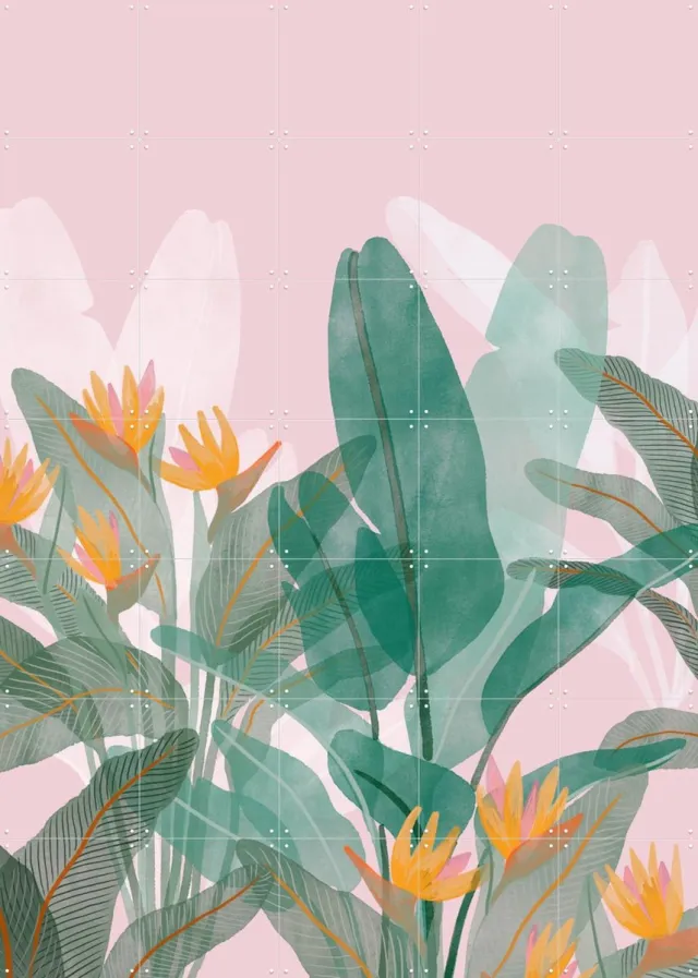 IXXI Botanical Pink, Goed Blauw - 100 x 140 cm - Grote wanddecoratie en posters - Kleurrijk, Aquarel, Illustraties, Woonkamer, Slaapkamer, Botanisch Groen