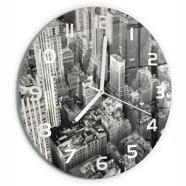 TULUP Wandklok - Vogelsvlucht in New York Moderne Wandklok Glas - fi30 cm - Zwart-wit Wandklok Glas Decoratie - Witte handen - Ronde Klok - Glazen Wandklok Design - Klok Glas Met Opdruk