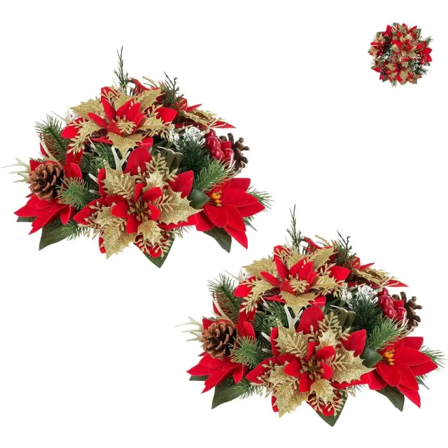 BLOSMON Kerst kunstbloemen kerstster bloemen tafeldecoratie: Blosmon 2 stuks gouden rood kerst kunstbloemen ballen voor tafel decoratie kerstbloemen kunst woonkamer kerstboom feestdecoratie Goudrood