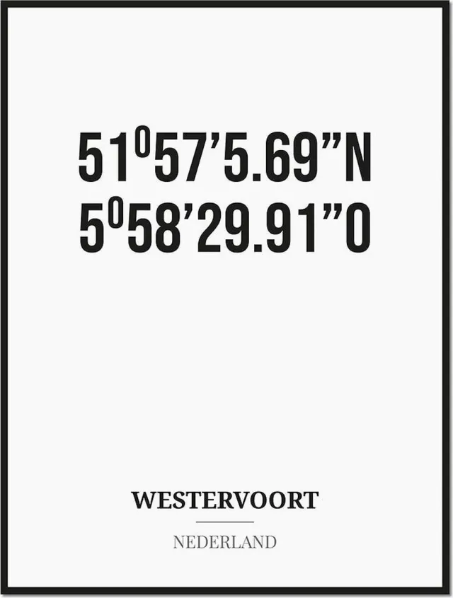 Studio216 Poster/kaart WESTERVOORT met coördinaten zwart, wit