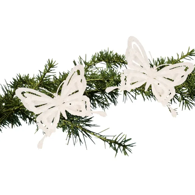 Cosy&Trendy Kerstboomversiering Vlinder - 2x - 14 cm - wit glitter - op clip - ornament