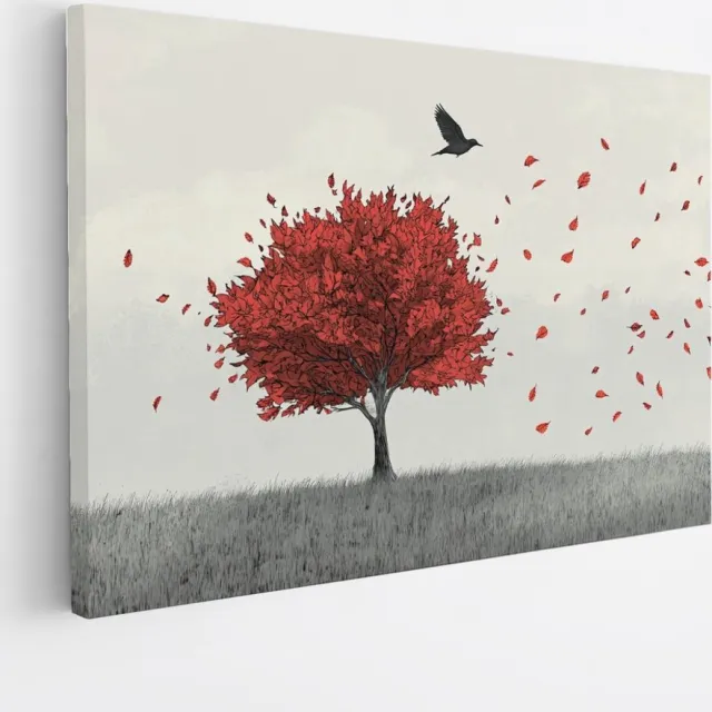 Saammp Canvas Schilderij - Vogel bij rode boom - Dieren - Bloemen - 45x30 - Foto op canvas - Wanddecoratie - muurdecoratie Woonkamer - Slaapkamer decoratie - Canvas Print Multicolor