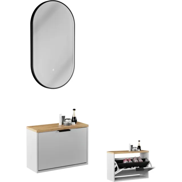 Planetmöbel STIVIO Schoenenkast 60 cm Wit Grijs met LED Spiegel GLORA
