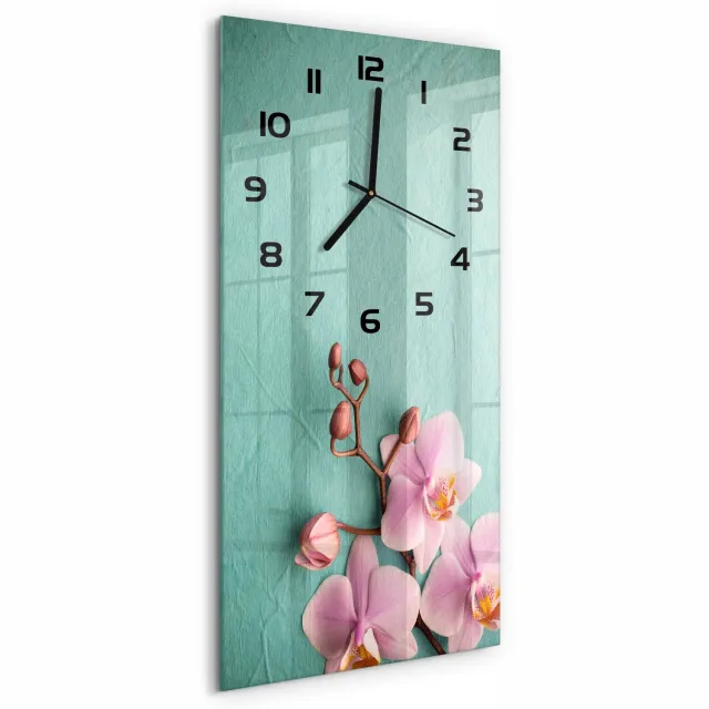 TULUP Wandklok - Orchidee Klok Glas Met Opdruk - 30x60 cm - Roze Moderne Wandklok Glas - Zwarte handen - Rechthoekige Klok - Decoratieve Glazen Klok - Glazen Wandklok Design