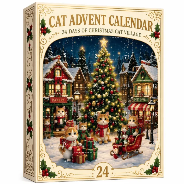 SWGOTA Adventskalender met 24 platte kattenhangers - Winkeltjes in kerstthema, met ophangkoordjes en kartonnen doos Rood