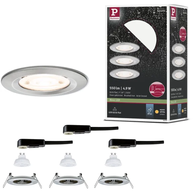 Paulmann LED-inbouwlamp Nova GU10 Flat stijf IP44 3x4,9W 3x550lm 230V 2700K Staal geborsteld