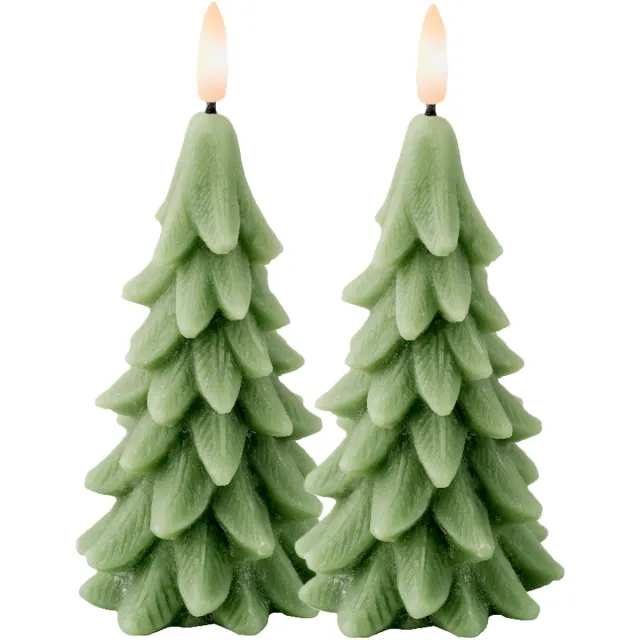 Lumineo LED kerstboom kaars - 2x - groen - 15 cm - batterijen - timer - kerstboom vorm kaarsen - kerstdiner