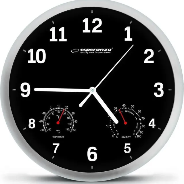 Esperanza Wandklok Lyon - Zwart - 25 cm - inclusief temperatuur- en luchtvochtigheidsmeter