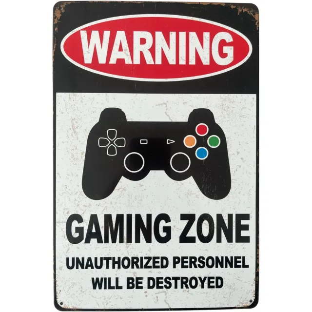 Vintage art Wandbord – Gaming zone - Warning - Retro - Wanddecoratie – Reclame bord – Restaurant – Kroeg - Bar – Cafe - Horeca – Metal Sign – 20x30cm Multi