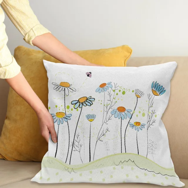 ABAKUHAUS Bloemen Sierkussenhoes, Gardening Thema Daisy Bloemen in Lente Illustratie Romantisch Ontwerp, Decoratieve Vierkante Sierkussenhoes, 40 x 40 cm, Geel Blauw