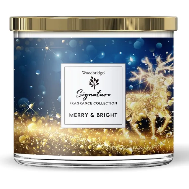 Woodbridge Luxe Geurkaars Kerst Met 3 lonten MERRY & BRIGHT - kastanje kruidnagel vanille amber Goud Blauw
