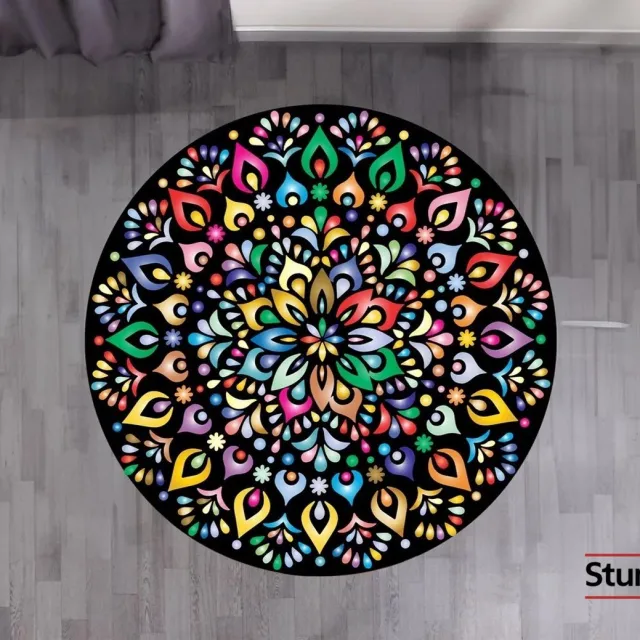Stunq Kleurrijk Mandala Rond Tapijt Wasbaar voor Slaapkamer en Woonkamer Zwart