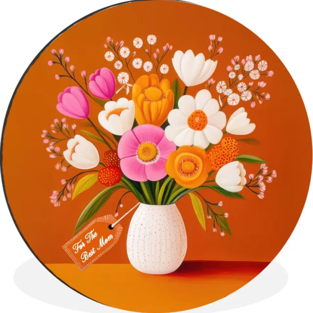 WallCircle Wandcirkel - Muurcirkel - Vaas - Bloemen - Oranje - Aluminium - Dibond - 140x140 cm - Binnen en Buiten Boeket - Kaartje