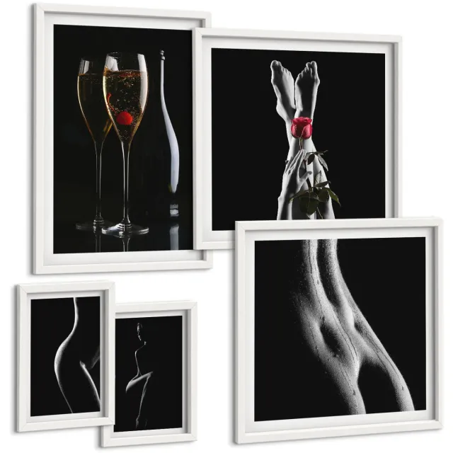 Coloray 5-Delige Schilderij Set - Elegante Accenten In Een Moderne Stijl Met Een Thema Van Intimiteit. - 50 x 50 cm, 20 x 30 cm En 40 x 60 cm - Muurdecoratie - Wanddecoratie - Hal - Stijlvolle Muurdecoratie Witte lijst