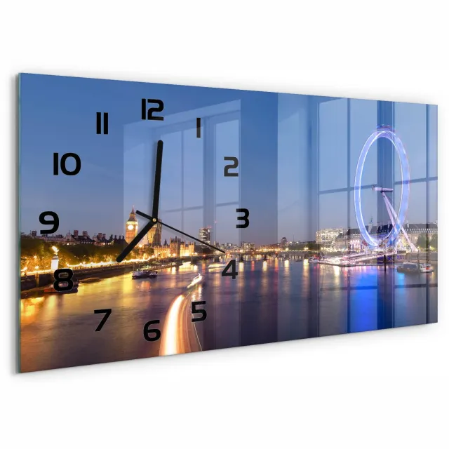 TULUP Wandklok - London Eye Londen Glazen Klok Met Print - 60x30 cm - Veelkleurig Wandklok Glas Met Motief - Zwarte handen - Rechthoekige Klok - Wandklok Glas Decoratie - Gekleurde Glazen Klok