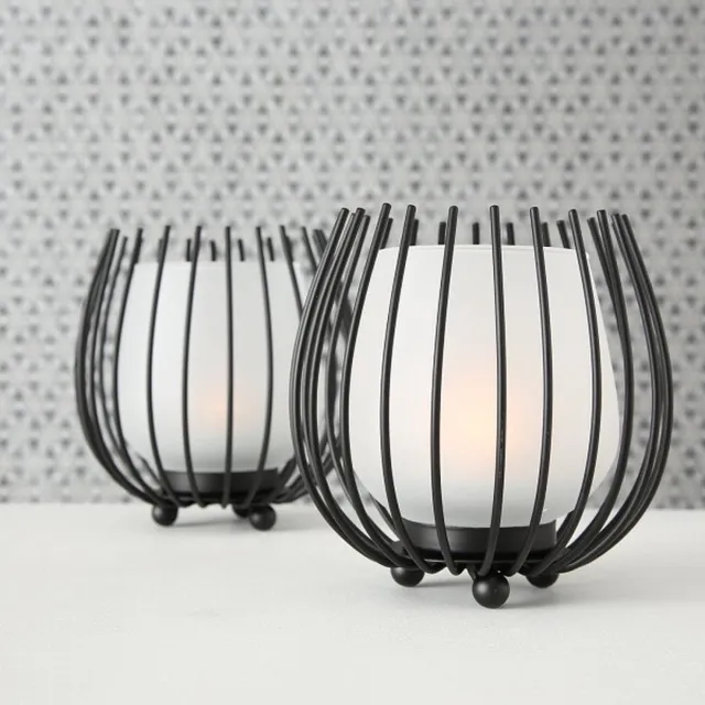 Boltze Home Windlichten Set van 2 - Zwart Metaal & Mat Wit Glas - Waxinelichthouders - Industrieel - Theelichthouders - Ø12 x H12 cm