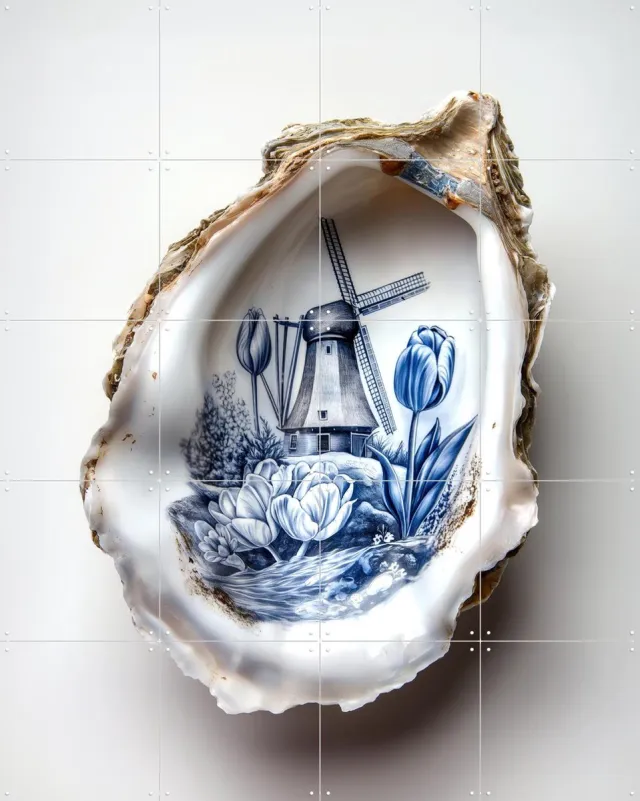 IXXI Delfts Blauwe oester, Margriet Hulsker - 80 x 100 cm - Grote wanddecoratie en posters - Vintage, Illustraties, Keuken, Woonkamer, Eetkamer, Eten Blauw / Koele tinten