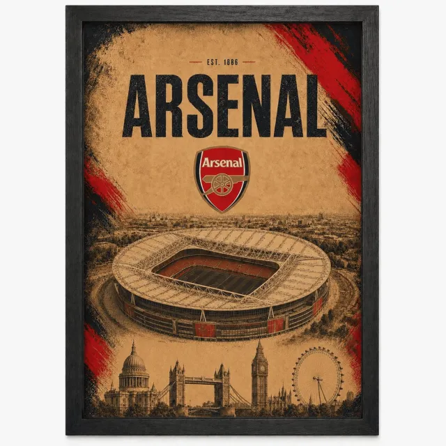 Joshimo Arsenal Poster | Voetbalposter met Emirates Stadion & Londen skyline | Inclusief Zwarte A3 Lijst