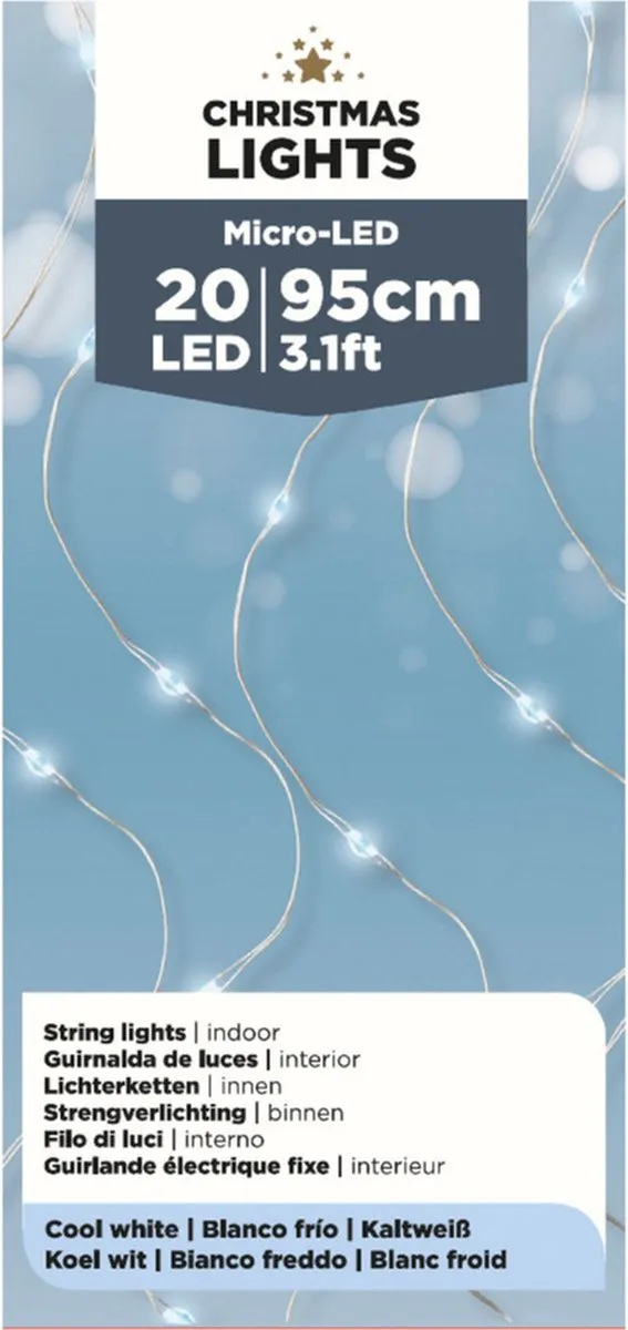 Lumineo Draadverlichting - zilver - 20 led lampjes - helder wit - 95 cm - lichtsnoer - zilverdraad