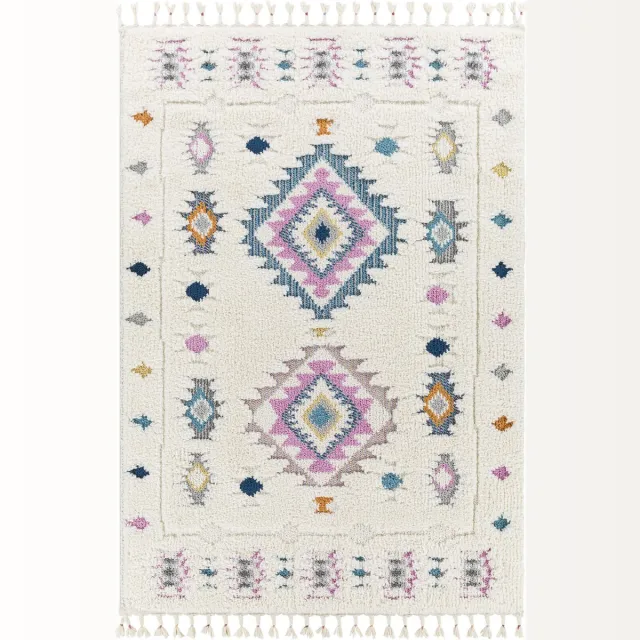 Surya Pukyu vloerkleed hoogpolig shaggy boho ivoor blauw