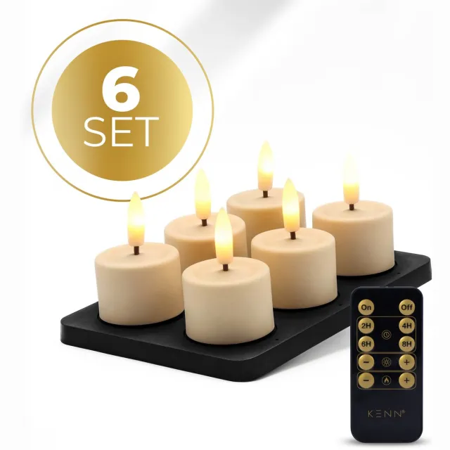 KENN GlowPro™ Oplaadbare Waxinelichtjes – Tot 350 Branduren – Set van 6 – Ivoor – Met Afstandsbediening – Magnetisch Oplaadstation – Timer – Realistische Wax Look & Feel – LED Waxinelichtjes – Oplaadbare Theelichtjes – Oplaadbare Kaarsen – Horeca