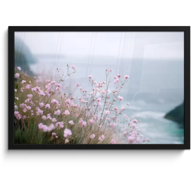FrameYourWall Poster in lijst - Fotolijst 60x40 cm - Posters - Klif - Bloemen - Zee - Roze - Posterlijst zwart - Decoratie - Wanddecoratie woonkamer - Muurdecoratie slaapkamer